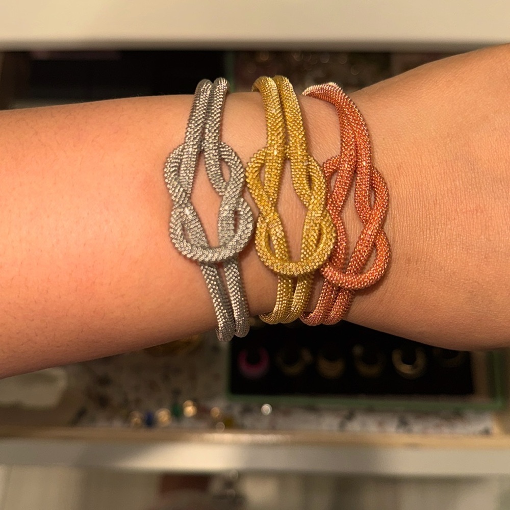 3 ITEM BUNDLE! Gold, Silver and Rose Gold/Pink Knot Mesh Metal Bracelets.